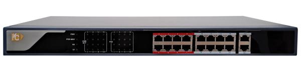 16-Kanal 10/100 Mbit managed Switch 2xGigabit, PoE+ max.4A, 250 Watt, 19"